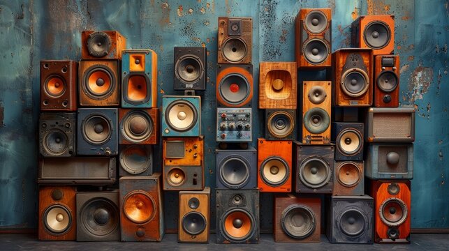 Vibrant stack of orange and blue music speakers for an immersive and colorful sound experience