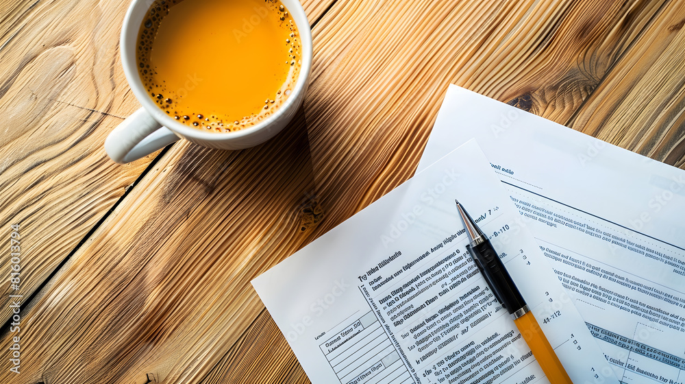 Poster work from home desk office paperwork coffee cup and pen on wood table flat lay top view copy space :