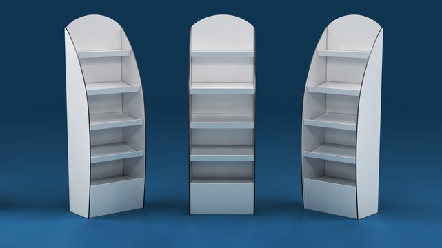 Retail temporary cardboard POS display. 3d illustration set on blue background