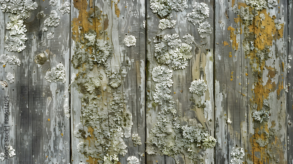 Poster Lichen on Wood texture background Closeup of an old rough wood vertical background texture with lichens : Generative AI