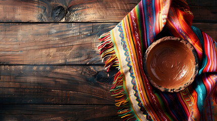 Cooking background with empty mud dish mexican typical fabric on rustic wooden table Table top view with copy space : Generative AI