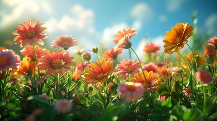 3D rendering of the image of cute, talking flowers in a bright and cheerful garden.