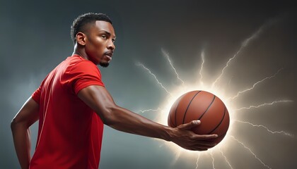 Closeup of a young Afro male basketball player dribbling the ball on basketball court in action with smokey background.
