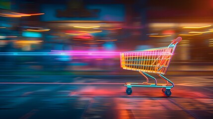 Speeding Shopping Cart Trailed by Vibrant Neon Lights in Dynamic Urban Backdrop