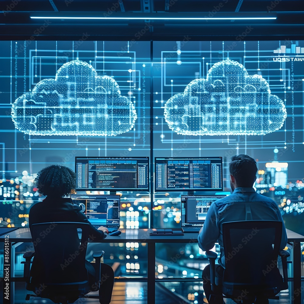 Poster high tech control room monitoring cloud computing infrastructure with digital screens and dashboards