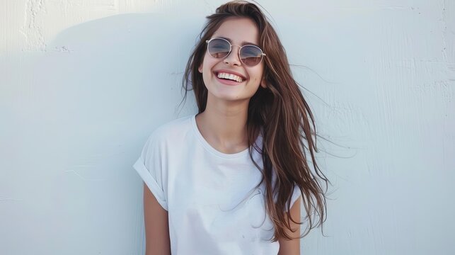 portrait dune jeune femme souriante en tshirt blanc et jean devant un mur blanc photo lifestyle