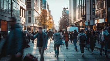 People crowd walking on bustling street next to business retail shops nearby during sunset