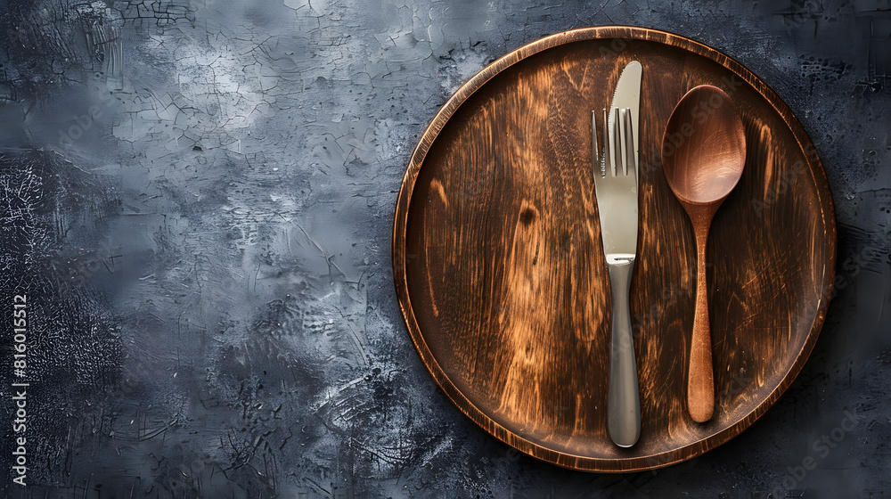Poster an empty plate with a knife fork or spoon with a wooden cutting board on a dark concrete background 