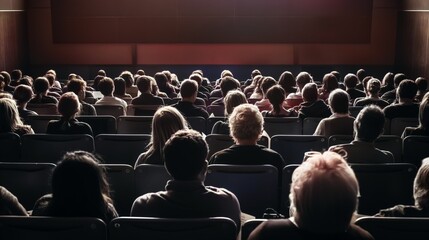 Lecturer hall conference meeting room white bright screen people sits on chairs waiting for presentation
