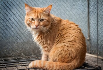 Stray homeless cat in animal shelter cage. Sad abandoned hungry cat behind old rusty grid of the cage in shelter for homeless animals