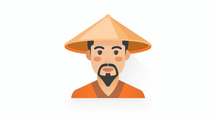 A stylized illustration of a man wearing a traditional Asian conical hat and an orange robe. The character has a beard and a friendly expression, set against a light background
