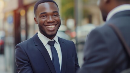 Businessman smile and discuss with others African American male business meeting on street discussion