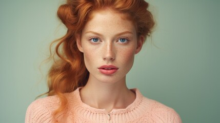 A close-up portrait of a young woman with long, wavy red hair and striking blue eyes. She has a fair complexion with freckles and is wearing a soft pink sweater. The background is a muted green
