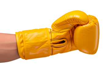 A hand in a boxing glove isolated on a white or transparent background. The hand of an athlete in a yellow boxing glove, close-up. Graphic design element on the theme of sports.