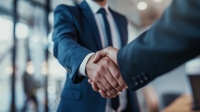 Businessman handshakes greeting say hello to other in office meeting client customer business partner