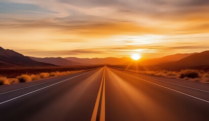 Beautiful low level view of an empty road with mountain in background while sunset or sunrise.