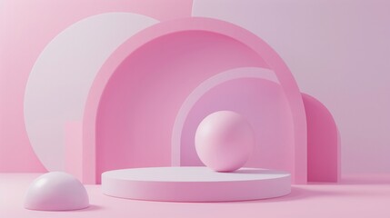 A minimalist abstract composition featuring pink and white geometric shapes, including arches, a sphere, and a platform, set against a pink background