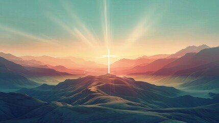 radiant cross illuminating vast desert mountain landscape heavenly light abstract background