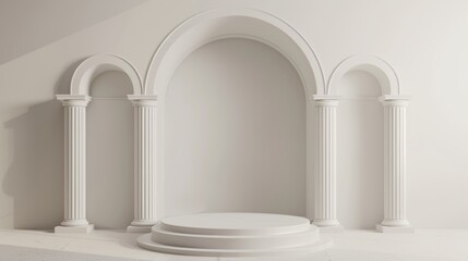 A minimalist white architectural backdrop featuring three elegant arches and four classical columns. The design is modern yet reminiscent of ancient Greek architecture, suitable for presentations 