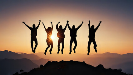 Silhouette of group of people jumping in the air in front of bright sunrise in mountain. Outdoor Activity with Friends at Sunrise. Excited People Jumping concept