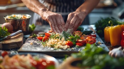 A closeup of hands preparing a healthy meal with fresh ingredients No text or alphabet on image