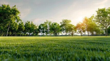 Background texture of clean and wellmaintained grass lawn with a variety of trees in the background against beautiful sky Vacant ground or empty unpowered campsite in a park Copy space : Generative AI