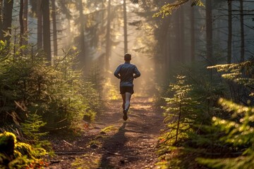 Obraz premium A runner jogging through a forest trail in early morning light No text or alphabet on image