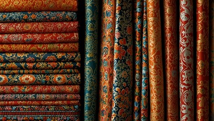 Many rolls of patterned fabric, in reds, golds, and blues, stacked vertically.