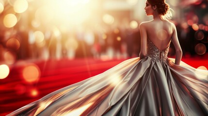 Model in an elegant evening dress posing on the red carpet