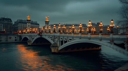 Bridge over a calm river decorated with illuminated lanterns