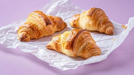 Butter croissants on crumpled white food grade paper with a pastel purple background
