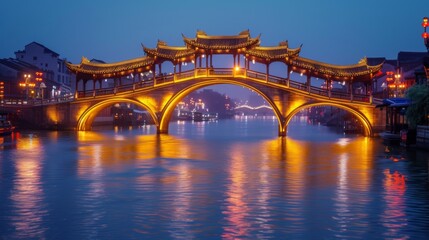 Obraz premium Cityscapes at dusk with a shot of a bridge glowing with softly lit lanterns