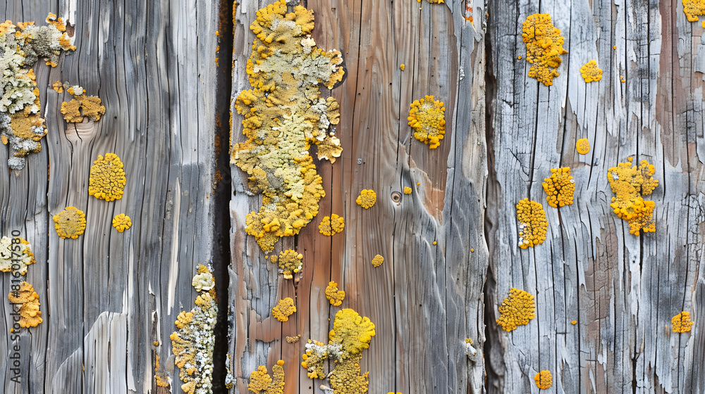 Poster lichen on wood texture background closeup of an old rough wood vertical background texture with lich