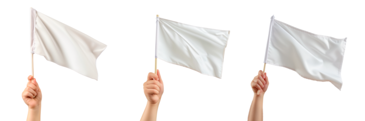 Set of white flags in the hand of a children isolated on a white or transparent background. Close-up of a white flags in hand, side view. Graphic design element. Mockup.