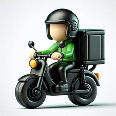 3D icon illustration of a delivery boy dressed in green driving a black motorbike, app style, on white background