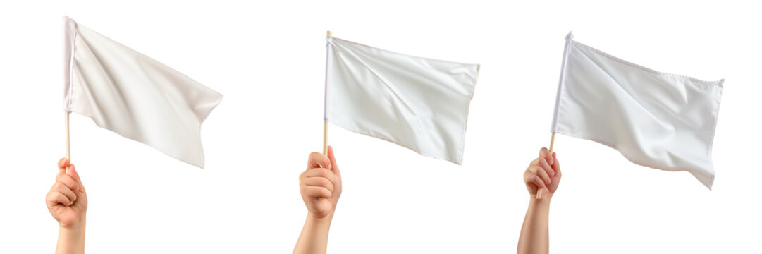 Set of white flags in the hand of a children isolated on a white or transparent background. Close-up of a white flags in hand, side view. Graphic design element. Mockup.