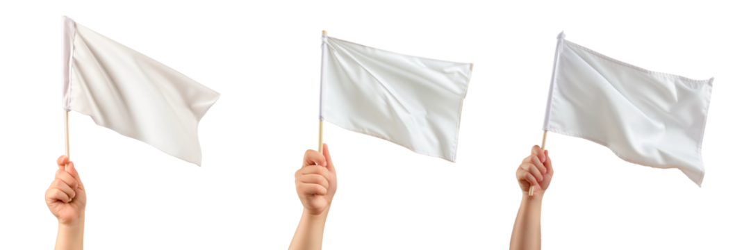 Set of white flags in the hand of a children isolated on a white or transparent background. Close-up of a white flags in hand, side view. Graphic design element. Mockup.