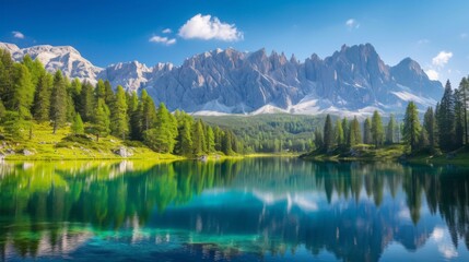 Serene lake nestled among mountains, its calm waters mirroring the surrounding peaks