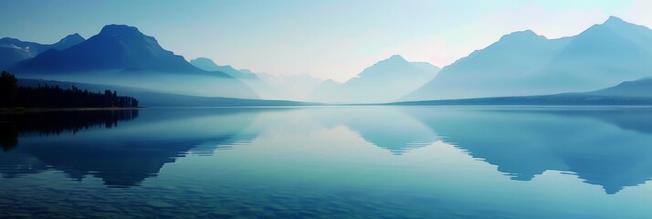 Beautiful lake, reflects the majestic silhouette of the mountains towering in the distance
