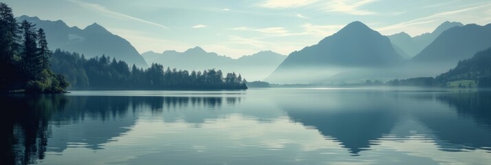 Beautiful lake, reflects the majestic silhouette of the mountains towering in the distance