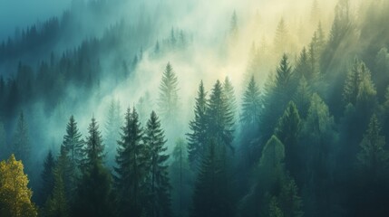 Fog covered forest located in the mountains at dawn, soft light filters through the trees
