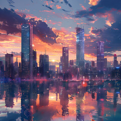 Twilight Cityscape: A Vibrant Blend Of Urban Landscape and Mesmerizing Sunset