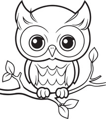 Cute Owl Bird Character for Coloring Book, Black and White Cartoon Illustration