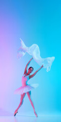Harmony in motion. Ballet artist in white tutu and pointe stand on tiptoe and moves with cloth in neon light against vivid gradient background. Concept of art, movement, beauty and fashion. Ad