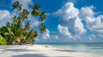 A landscape of a white sandy beach with palm trees and a blue sky with clouds - Powered by Adobe
