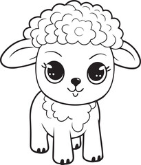 Cute Sheep Animal for Coloring Book, Black and White Cartoon Illustration