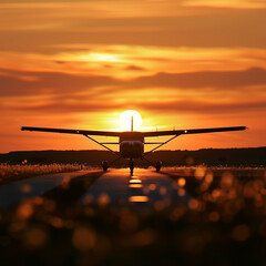 A dramatic a light aircraft propeller plane silhouetted against the sun at dawn or sunset, the warm orange, purple, pink and yellow tones of the sunset create drama - Cessna fixed wing trainer