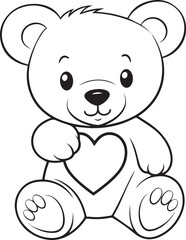 Cute Teddy Bear with Heart Sign for Coloring Book, Black and White Cartoon Illustration