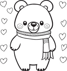 Cute Bear Character for Coloring Book, Black and White Cartoon Illustration