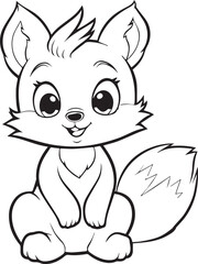 Cute Little Fox Animal for Coloring Book, Black and White Cartoon Illustration